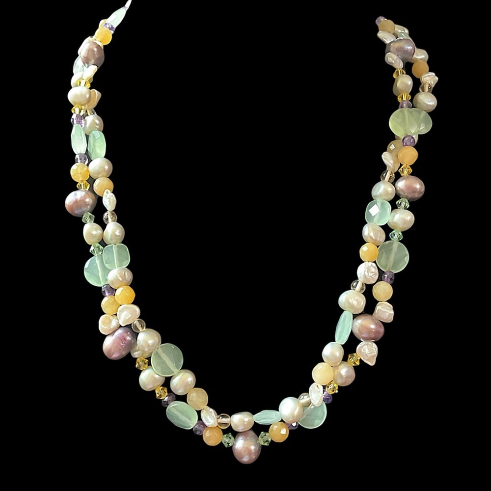 Vintage Sterling Silver Freshwater Pearl Semi Precious Gems and Glass Necklace